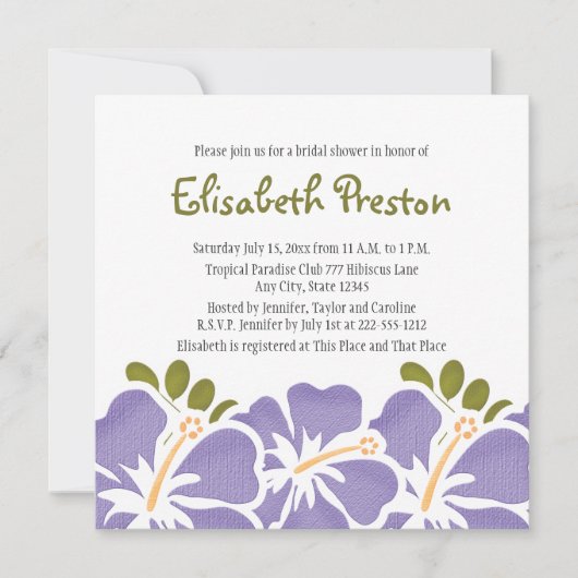 Paarse Hibiscus Bridal Shower Invitations Kaart (Voorkant)