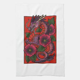 Paarse Hibiscus Chinese Dragon Theedoek