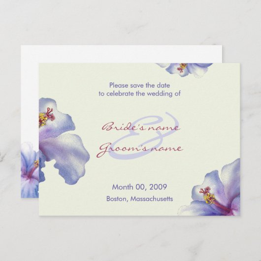 Paarse Hibiscus Save the Date Briefkaarten (Voorkant / Achterkant)