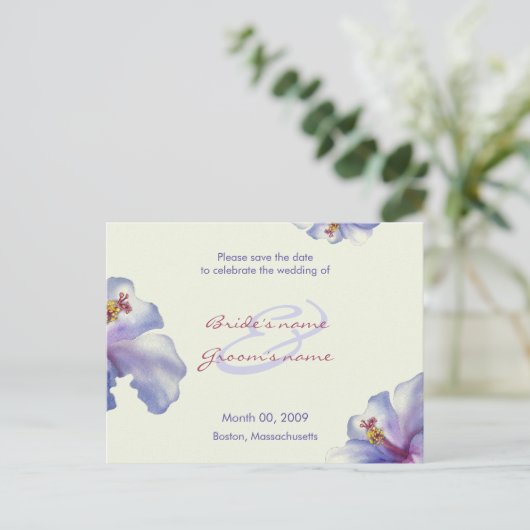 Paarse Hibiscus Save the Date Briefkaarten (Staand voorkant)