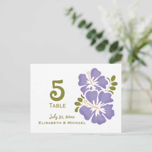 Paarse Hibiscus Trouwreceptie Tafelnummer Auto (Staand voorkant)