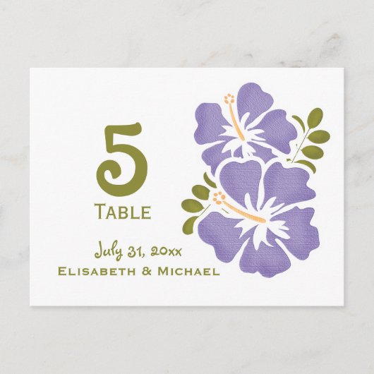 Paarse Hibiscus Trouwreceptie Tafelnummer Auto (Voorkant)