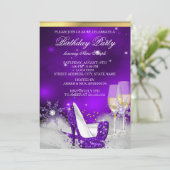 Paarse hiel-schokken met zilver Gold Champagne Par Kaart (Staand voorkant)