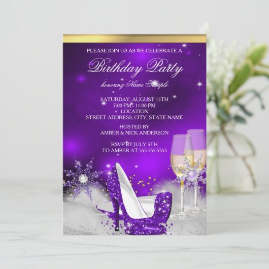 Paarse hiel-schokken met zilver Gold Champagne Par Kaart (Staand voorkant)