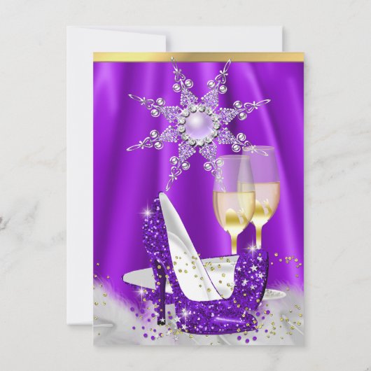 Paarse High Hiel Champagne Snowflakes Party Kaart (Achterkant)