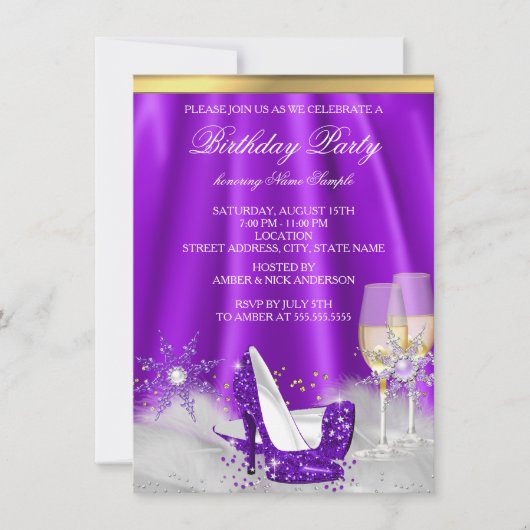 Paarse High Hiel Champagne Snowflakes Party Kaart (Voorkant)