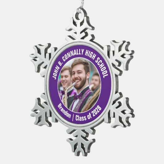 Paarse High School Marching Band Fotocadeau Tin Sneeuwvlok Ornament (Rechts)