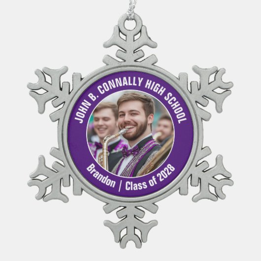 Paarse High School Marching Band Fotocadeau Tin Sneeuwvlok Ornament (Voorkant)
