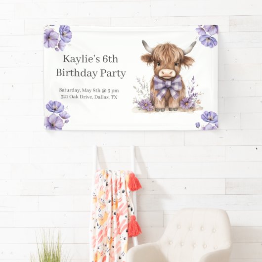 Paarse Highland Koe verjaardagsfeest Spandoek (Insitu)