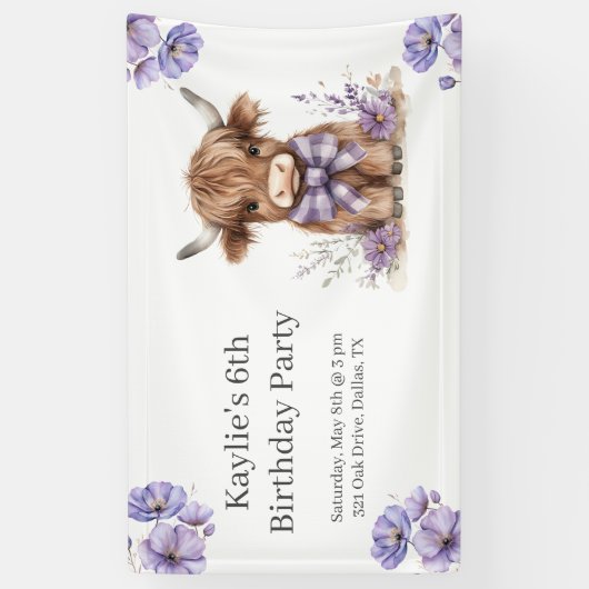 Paarse Highland Koe verjaardagsfeest Spandoek (Verticaal)