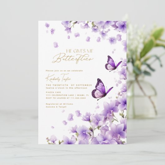 Paarse hij geeft me vlinders Vrijgezellenfeest Kaart (Staand voorkant)