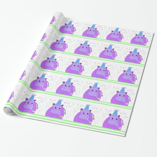 Paarse Hippo Birthday Design Cadeaupapier (Uitgerold)