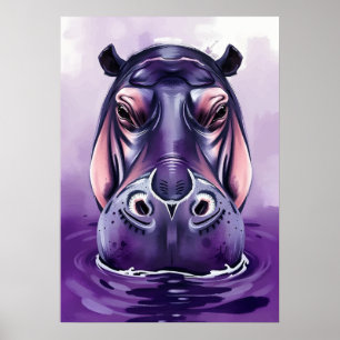 Paarse Hippo Gezicht - Vet en Speels Waterbeest Poster