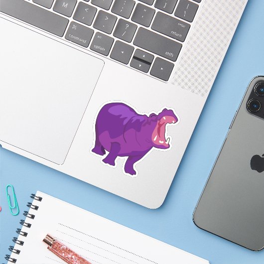 Paarse Hippo Vector Sticker (Laptop met iPhone)