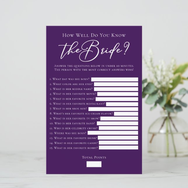 Paarse Hoe goed ken je het bruidsdouchespel (Staand voorkant)