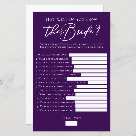 Paarse Hoe goed ken je het bruidsdouchespel (Voorkant / Achterkant)