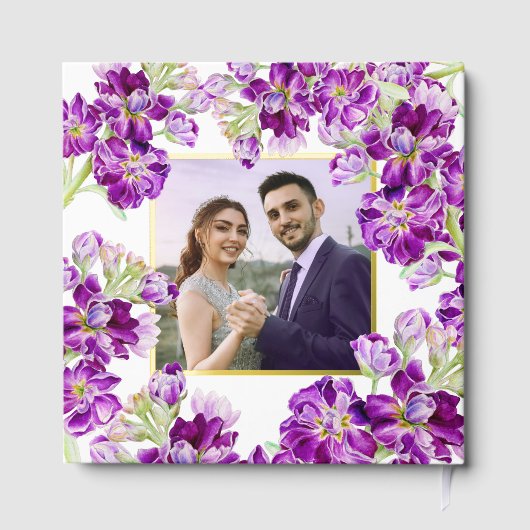 Paarse Hoei Stock Gilly Flowers Trouwfoto Gastenboek (Achterkant)