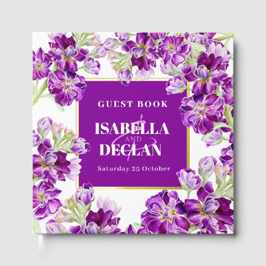Paarse Hoei Stock Gilly Flowers Trouwfoto Gastenboek (Voorkant)