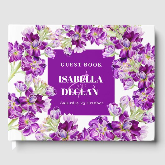 Paarse Hoei Stock Gilly Flowers Trouwfoto Gastenboek (Voorkant)