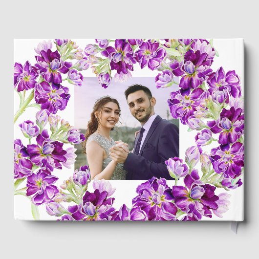 Paarse Hoei Stock Gilly Flowers Trouwfoto Gastenboek (Achterkant)