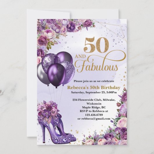 Paarse hoge hakken 50e verjaardag uitnodiging (Voorkant)