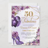 Paarse hoge hakken en roze bloemen en ballonnen kaart (Voorkant)