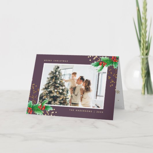 Paarse Holly Berries Foto Vrolijke Kerst Kaart (Voorkant)