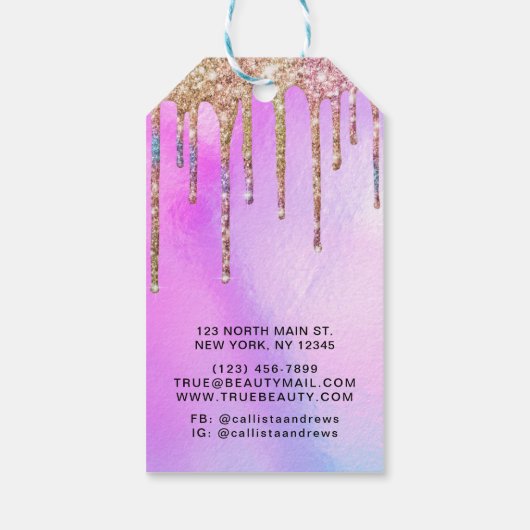 Paarse holografische glitter druppels Logo kleding Cadeaulabel (Achterkant)