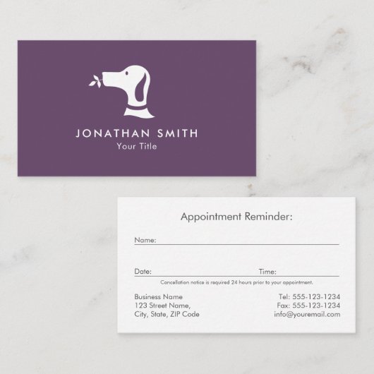 Paarse Hond Wandelen Huisdier Zittende Dierenarts  Afsprakenkaartje (Voorkant / Achterkant)