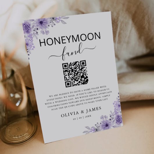 Paarse Honeymoon Fund QR Code Sign, bruiloft Kaart