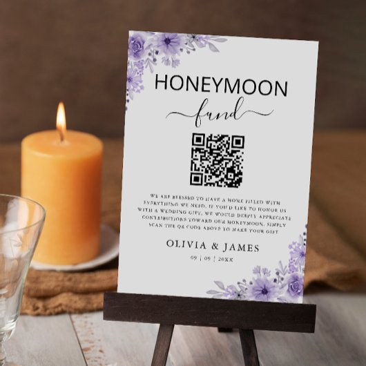 Paarse Honeymoon Fund QR Code Sign, bruiloft Kaart