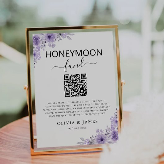 Paarse Honeymoon Fund QR Code Sign, bruiloft Kaart