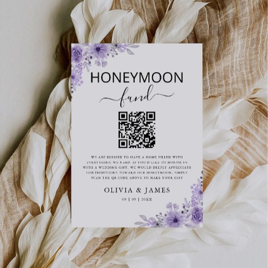 Paarse Honeymoon Fund QR Code Sign, bruiloft Kaart