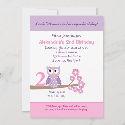 Paarse hoot Owl Girl Birthday Invitation (elke lee Kaart (Voorkant)