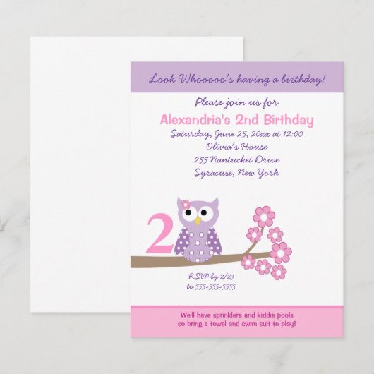 Paarse Hoot Owl Girl Birthday Invite 4.25 x 5.5 Kaart (Voorkant / Achterkant)