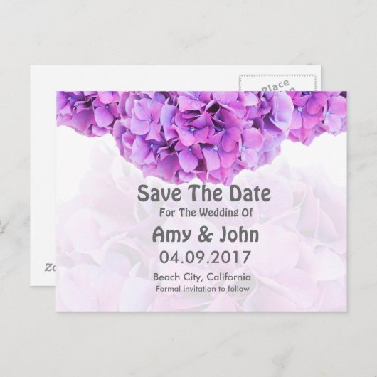 Paarse hortensia bruiloft bewaar de datum hortensi aankondigingskaart (Voorkant / Achterkant)