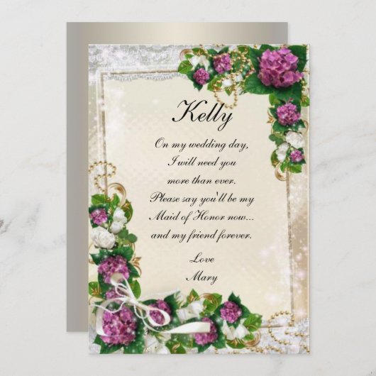 Paarse Hortensia en Kant Bruidsmeisje Kaart (Voorkant / Achterkant)