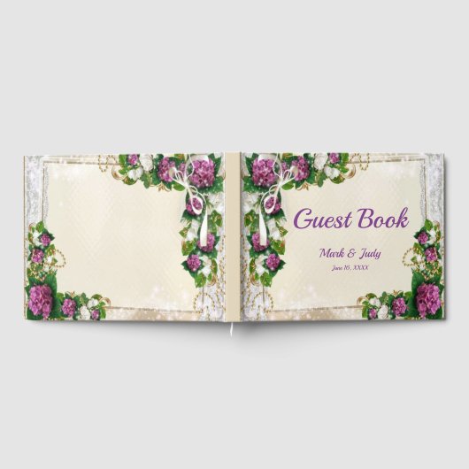 Paarse hortensia en kant bruiloft gastenboek (Volledig)