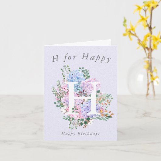 paarse hortensia H voor Happy birthday Kaart (Gele Bloem)