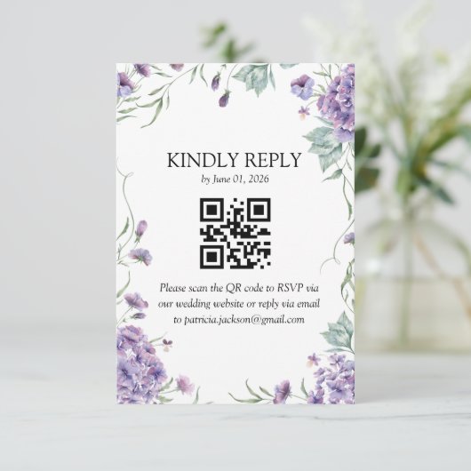 Paarse Hortensia Watercolor Bloemenuitnodiging Informatiekaartje (Staand voorkant)