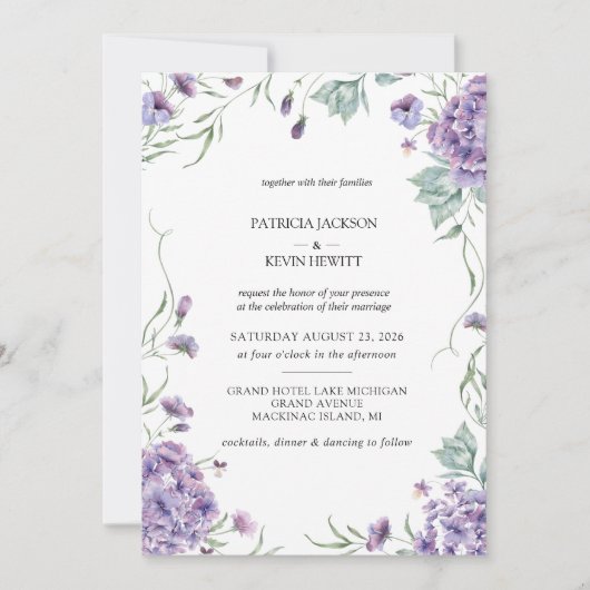 Paarse hortensia Waterverf bloemenbruiloft Kaart (Voorkant)