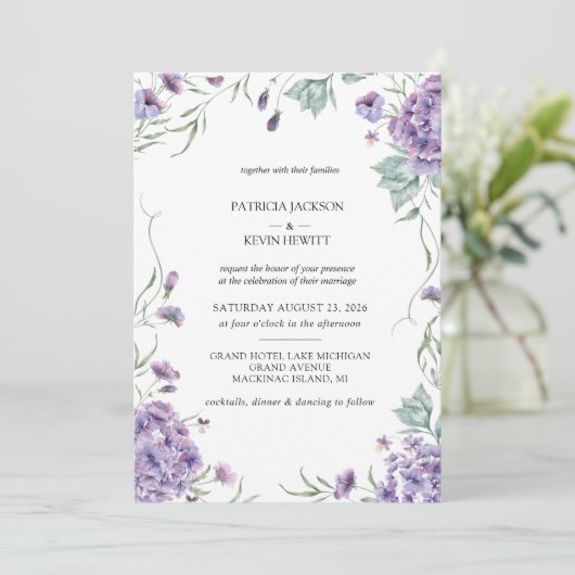 Paarse hortensia Waterverf bloemenbruiloft Kaart (Staand voorkant)