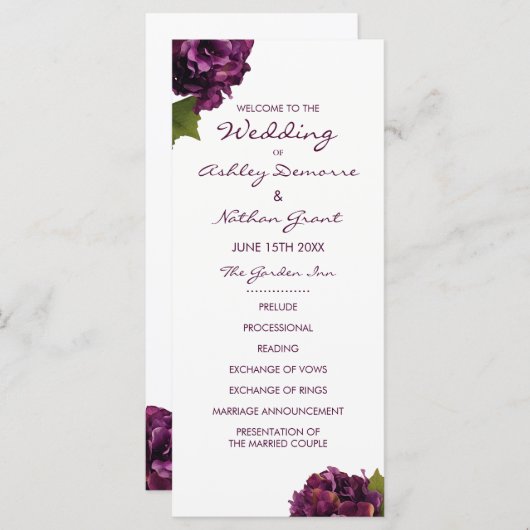 Paarse Hortensia Wedding Programma Programmakaart (Voorkant / Achterkant)