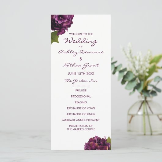 Paarse Hortensia Wedding Programma Programmakaart (Staand voorkant)