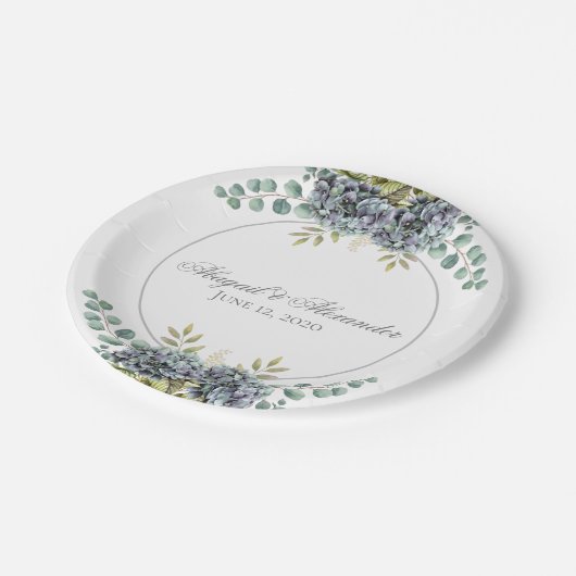 Paarse hortensia's Eucalyptus Papieren Bordje (Gekanteld)