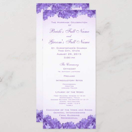 Paarse hortensia's huwelijksprogramma programmakaart (Voorkant / Achterkant)