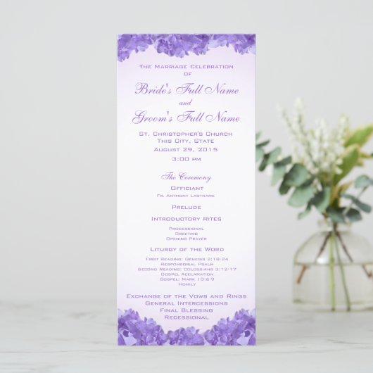 Paarse hortensia's huwelijksprogramma programmakaart (Staand voorkant)