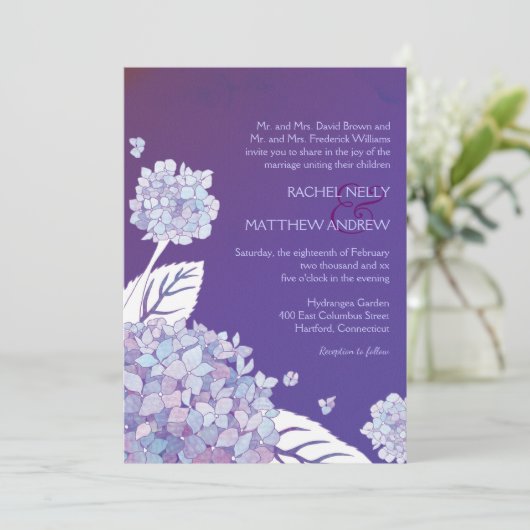 Paarse hortensia's in zonsondergang bruiloft kaart (Staand voorkant)