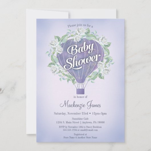 Paarse Hot Air Ballon Baby shower Uitnodiging (Voorkant)