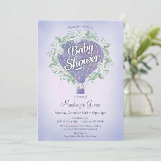 Paarse Hot Air Ballon Baby shower Uitnodiging (Staand voorkant)